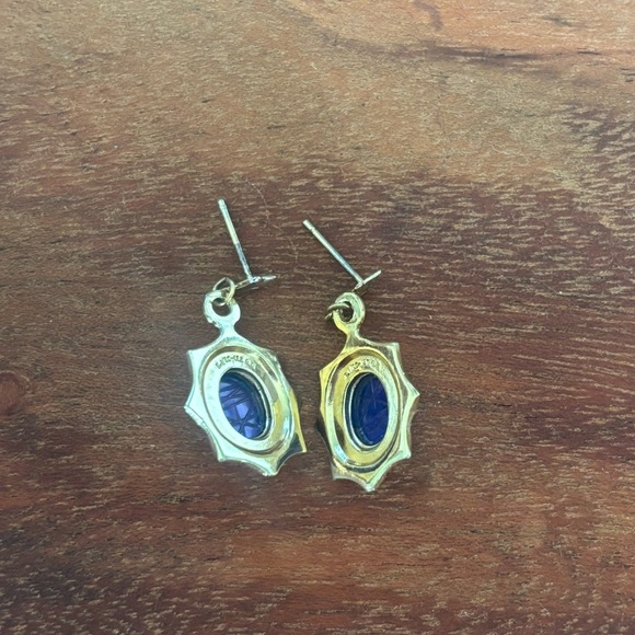 Vintage 18k GE Faux Blue Lapis Lazuli Dangle Earrings – Egyptian Revival Style - Picture 4 of 10